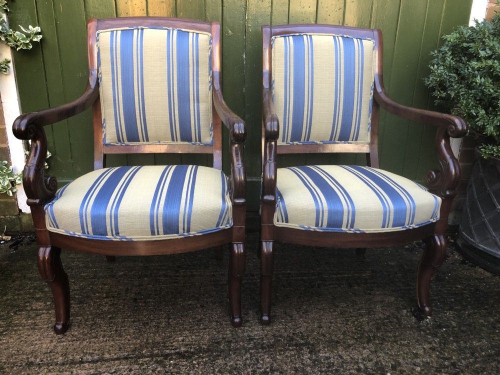 Pair of early C19th French Charles X period mahogany-framed salon armchairs.