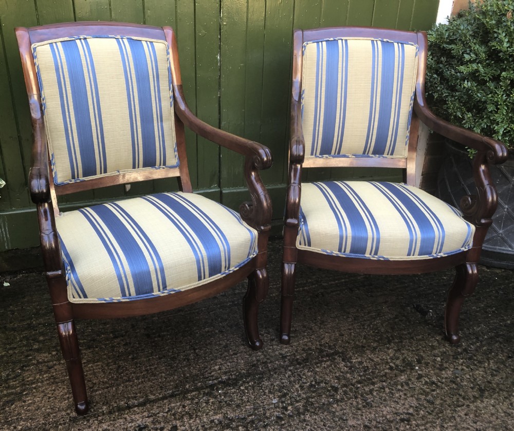 Pair of early C19th French Charles X period mahogany-framed salon armchairs. View XVI