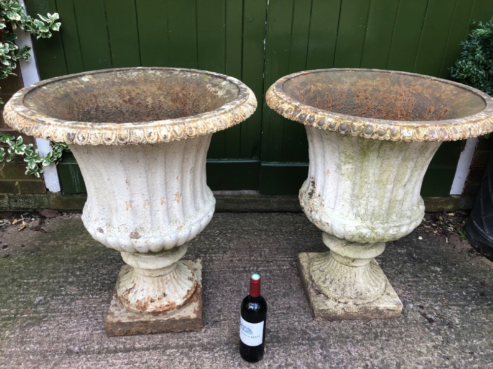 Large scale pair of early C19th Regency period cast-iron terrace or garden vases of campana form . View II