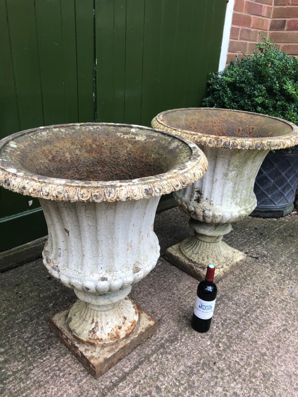 Large scale pair of early C19th Regency period cast-iron terrace or garden vases of campana form . View XI