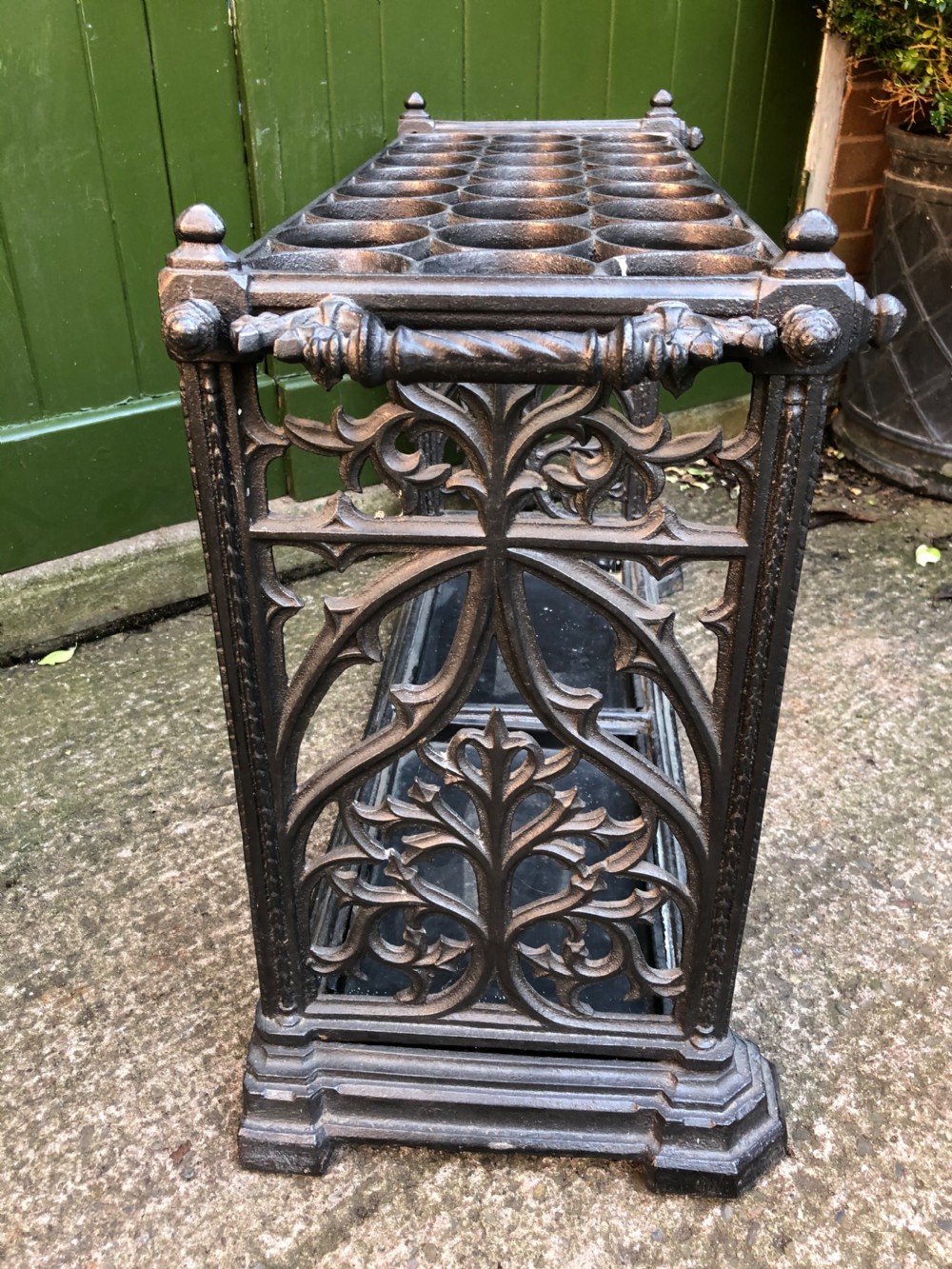 Mid C19th cast-iron country house stick or umbrella stand of gothic design. View V