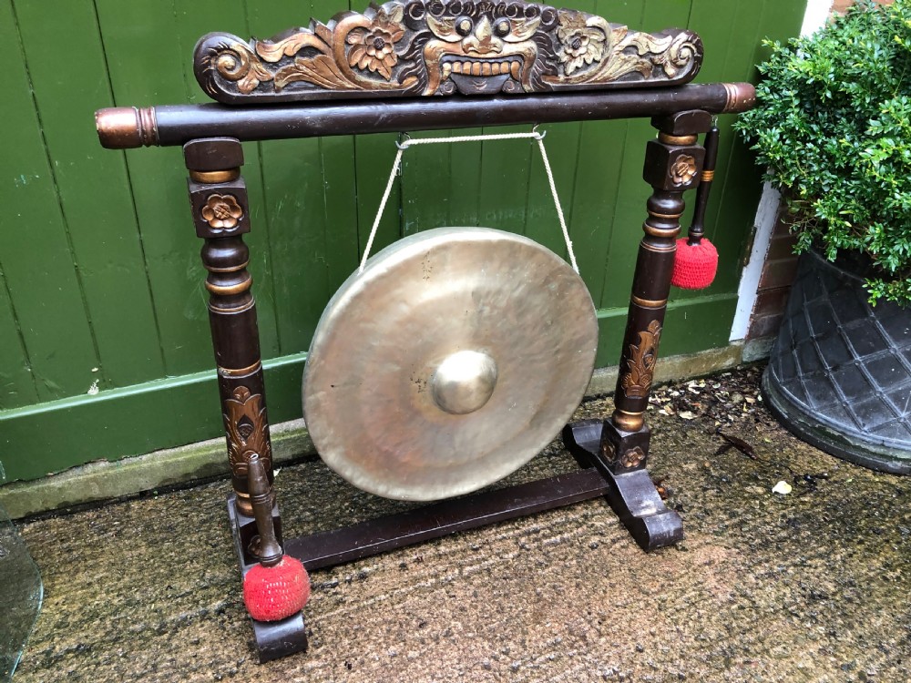 Early C20th Chinese temple-style bronze gong on lacquered stand . View III