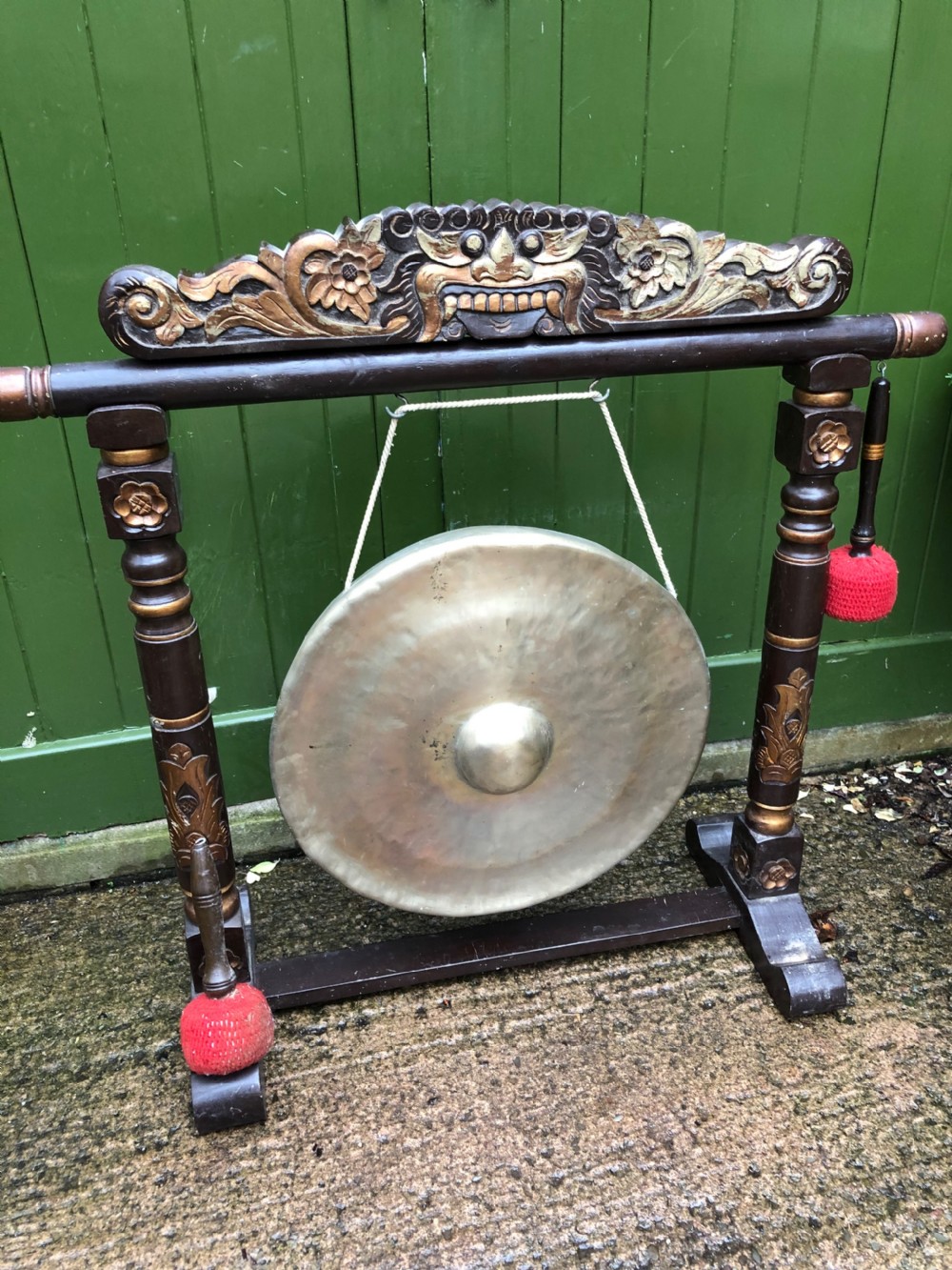 Early C20th Chinese temple-style bronze gong on lacquered stand . View IV