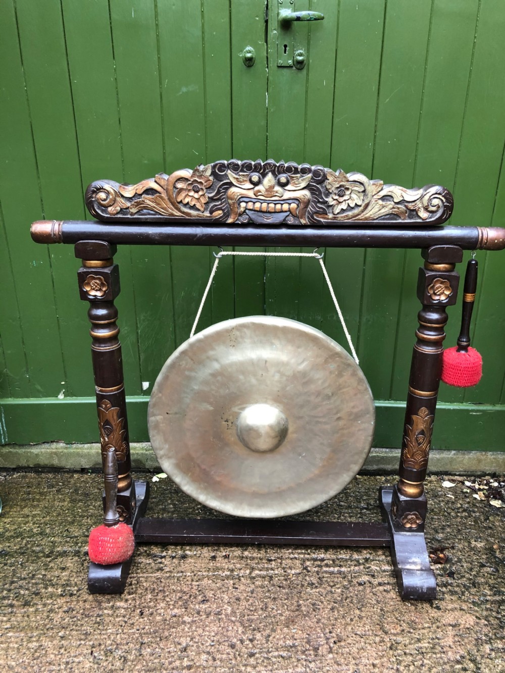 Early C20th Chinese temple-style bronze gong on lacquered stand . View V