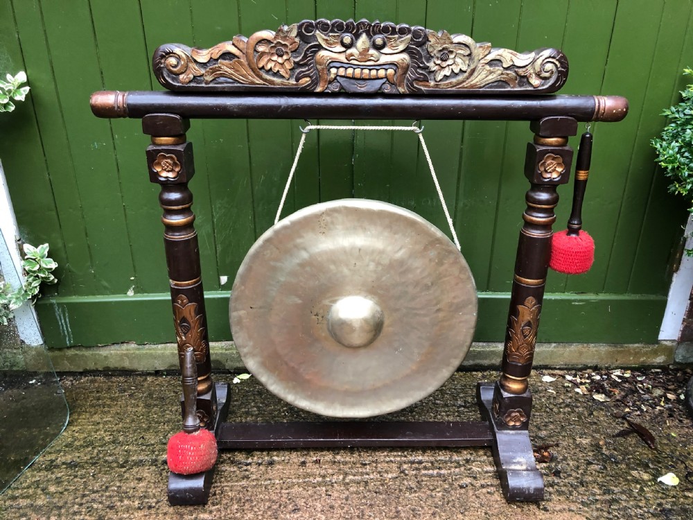 Early C20th Chinese temple-style bronze gong on lacquered stand . View IX