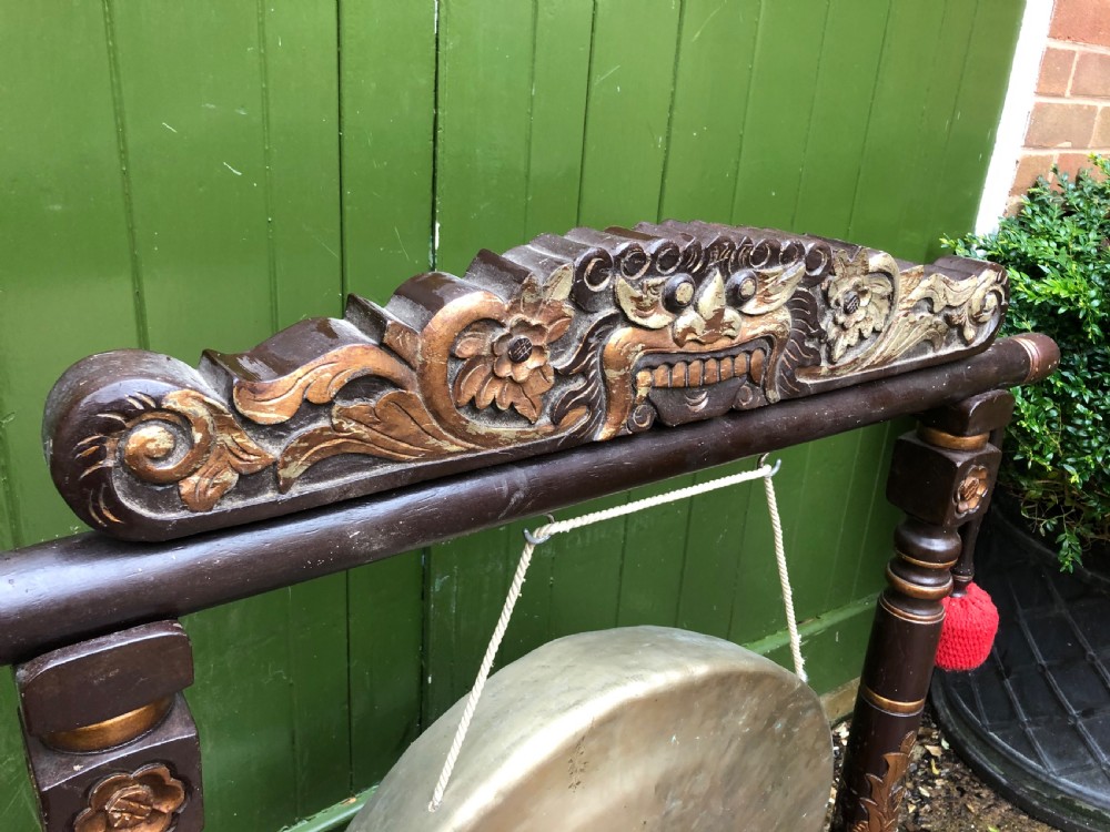 Early C20th Chinese temple-style bronze gong on lacquered stand . View X