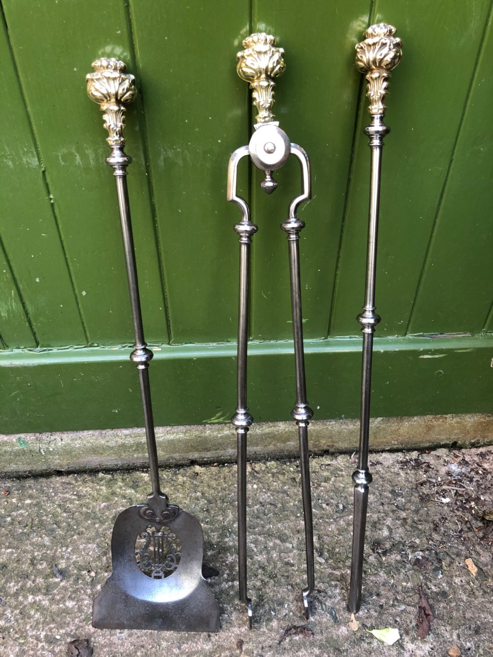 Superb quality set of 3 early C19th Regency period steel and brass fire-irons or tools .