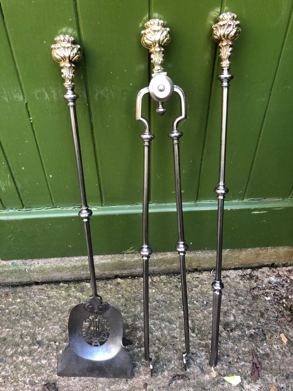 Superb quality set of 3 early C19th Regency period steel and brass fire-irons or tools . View III