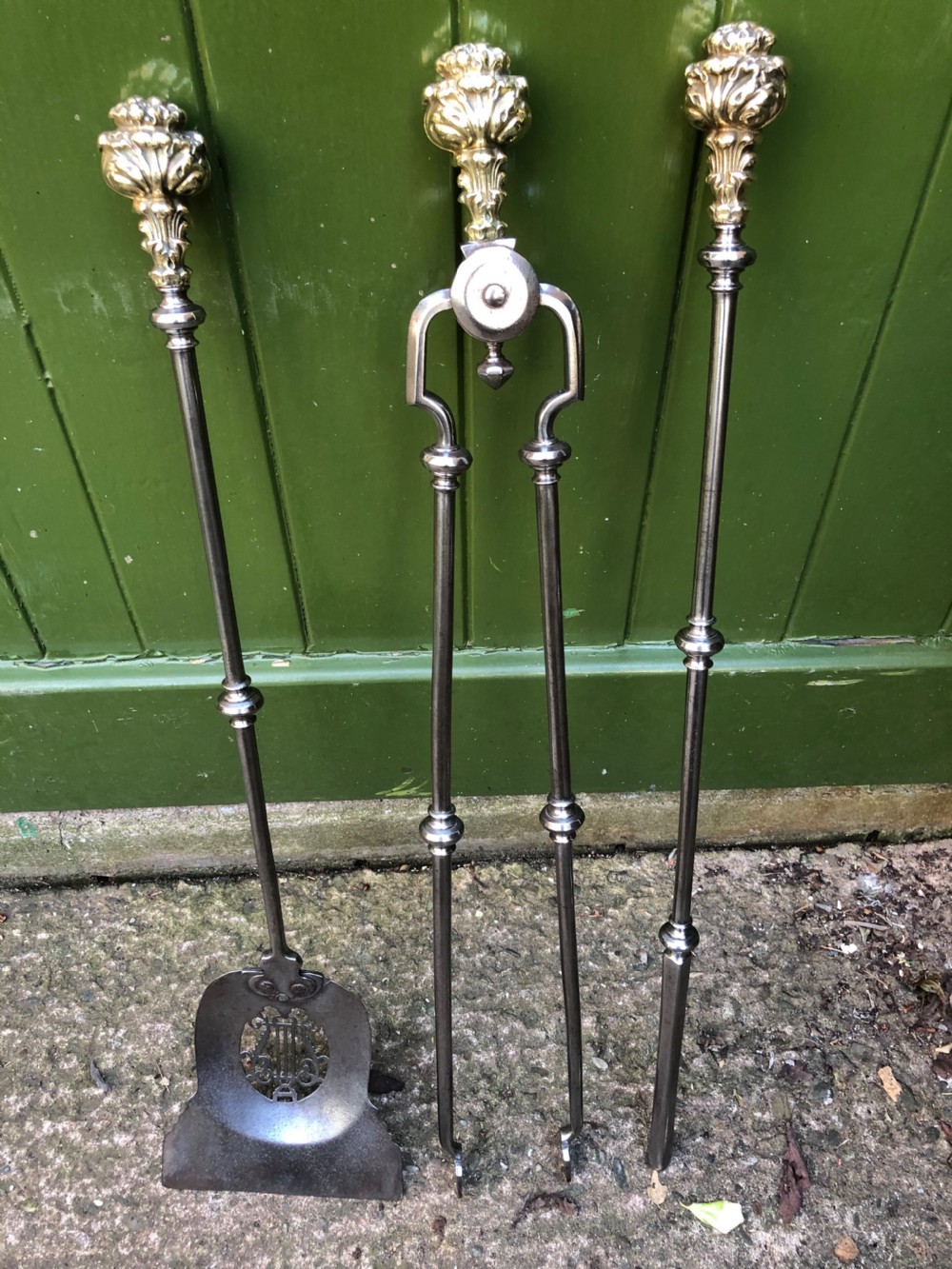 Superb quality set of 3 early C19th Regency period steel and brass fire-irons or tools . View VIII