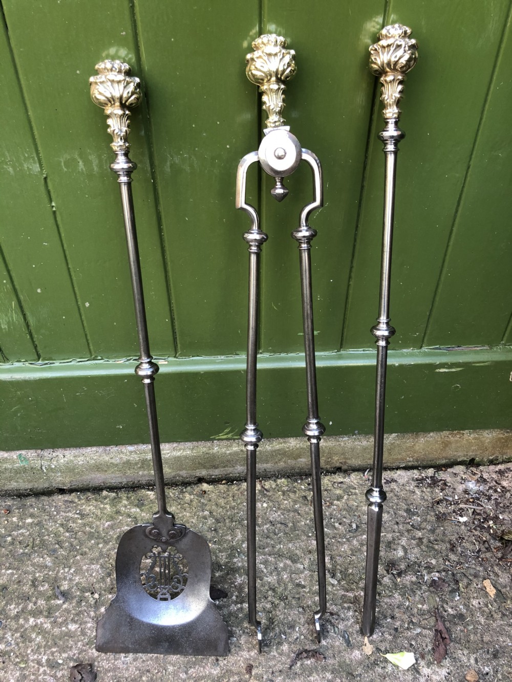 Superb quality set of 3 early C19th Regency period steel and brass fire-irons or tools . View X