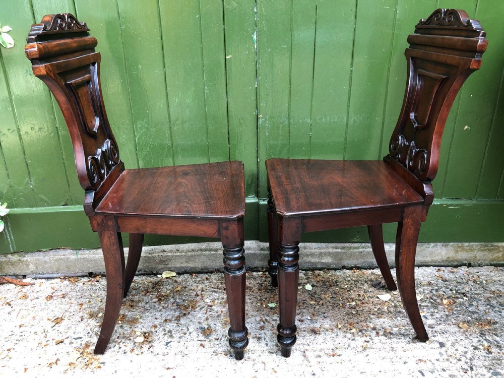 Pair of early C19th George IV period mahogany hall chairs of Grecian revival design. View VII