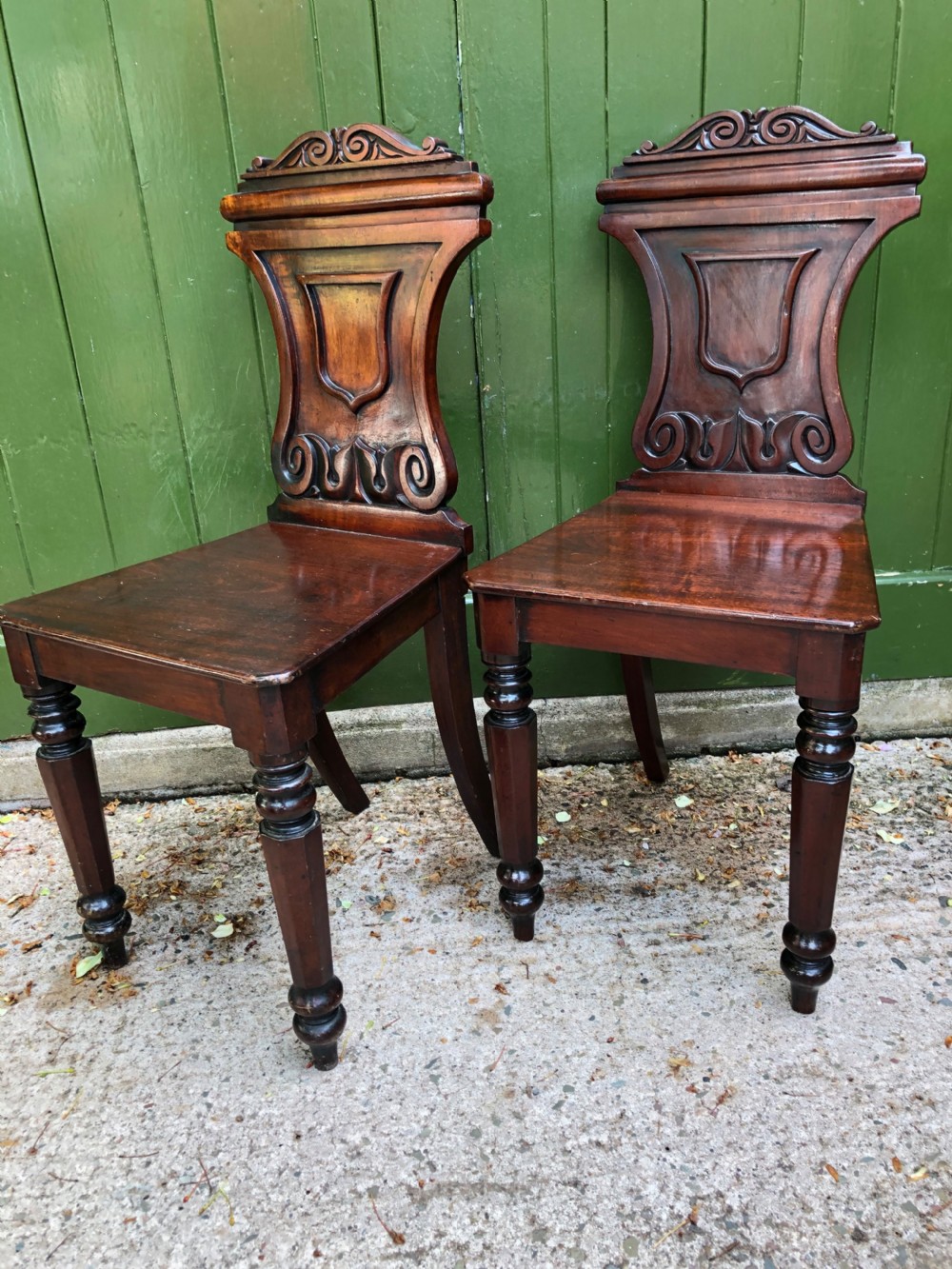 Pair of early C19th George IV period mahogany hall chairs of Grecian revival design. View XII