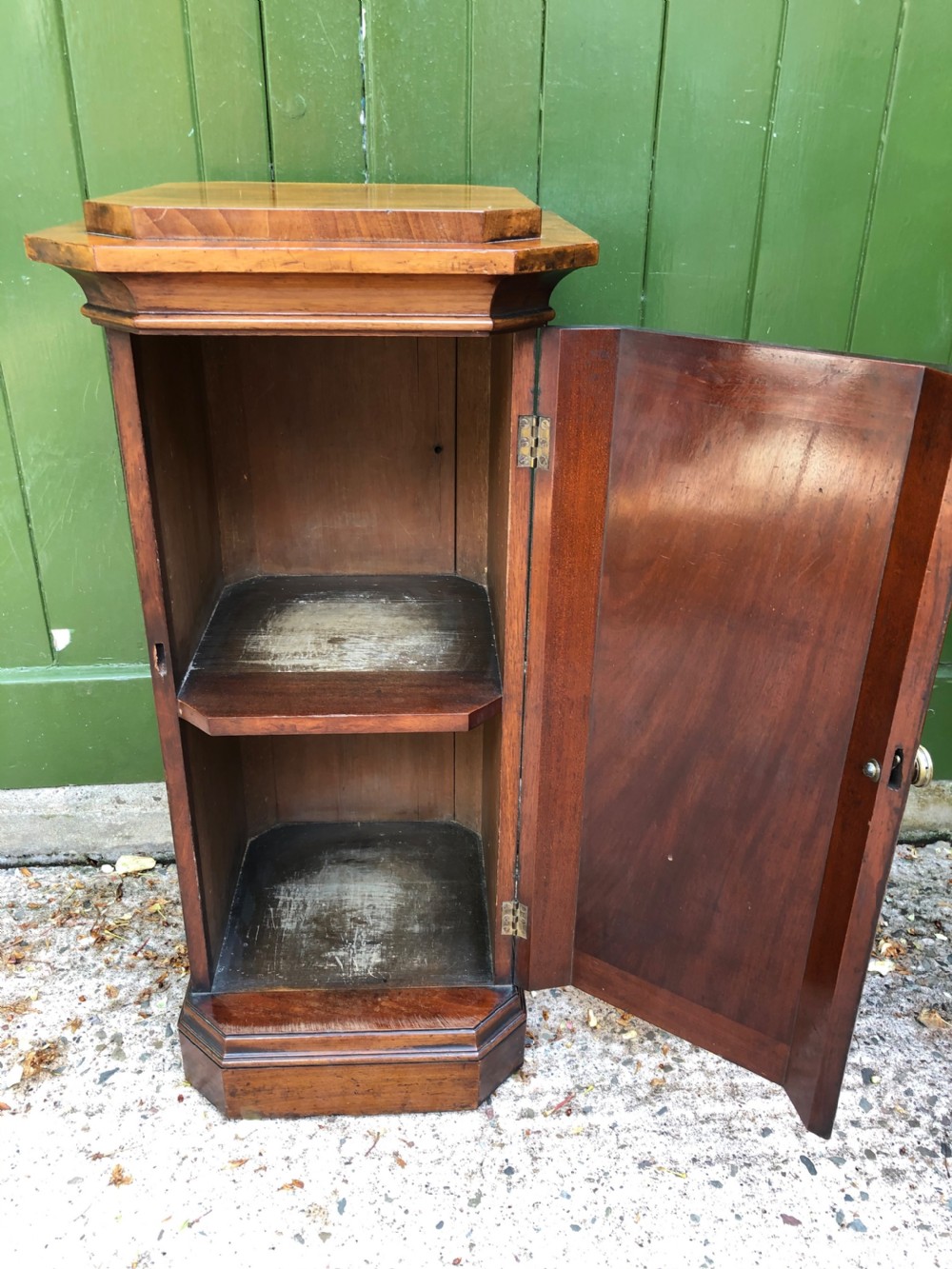 An early 19th-century Regency mahogany octagonal pedestal bedside cupboard featuring a single door with a brass knob and a stepped plinth base. View VIII