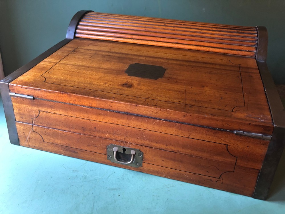 C19th Chinese Export trade camphor wood brass-bound military campaign writing box .