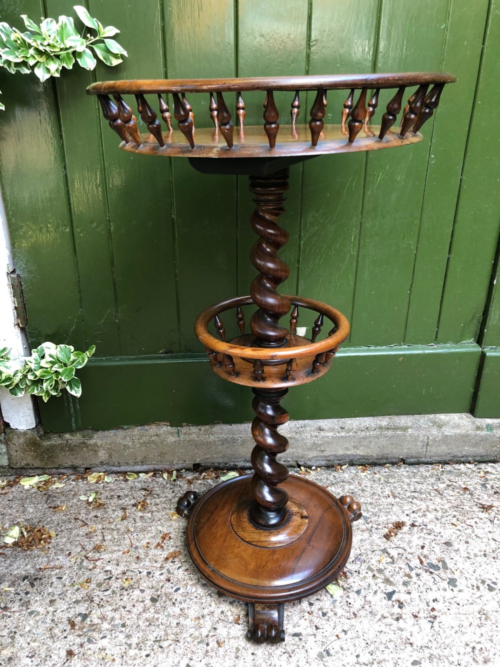 Mid C19th Victorian period circular rosewood 2-tier spindle-galleried occasional or wine table . View VI