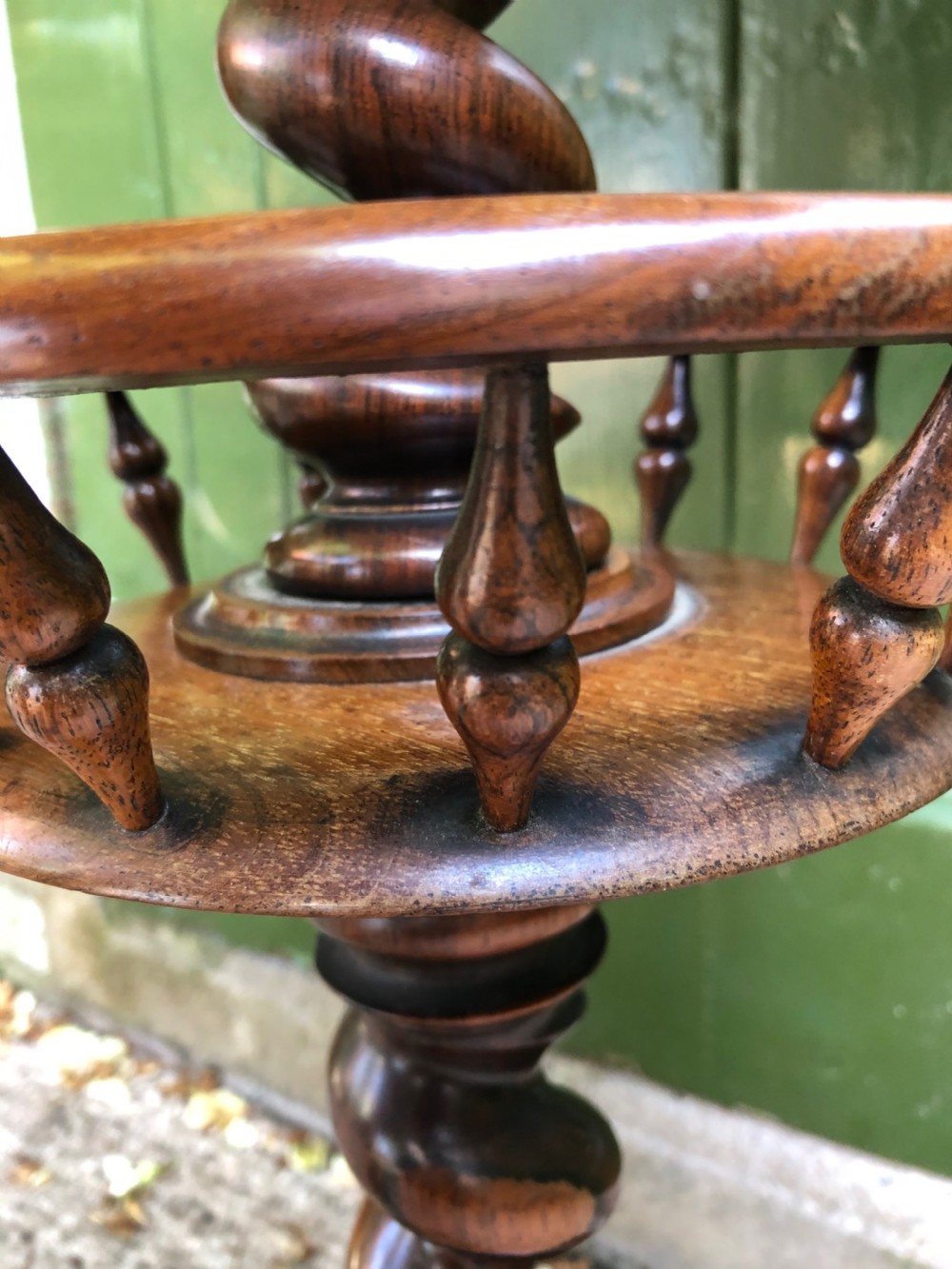 Mid C19th Victorian period circular rosewood 2-tier spindle-galleried occasional or wine table . View XI