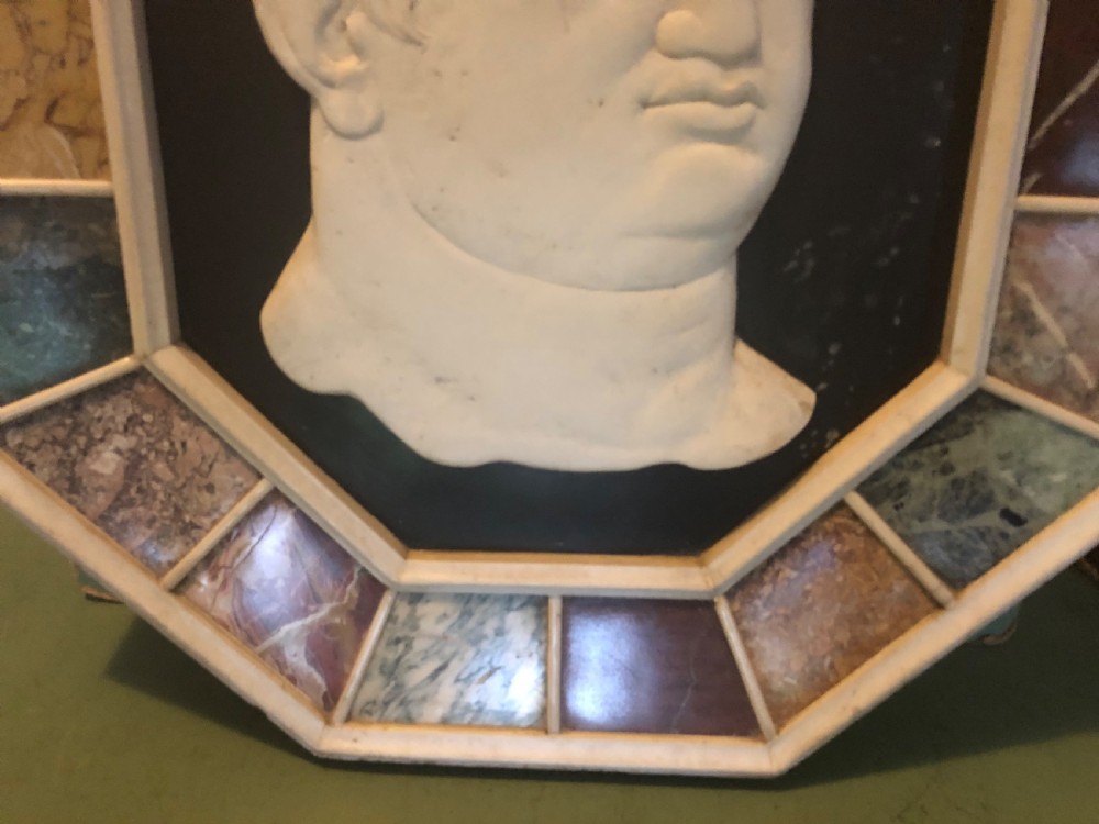 Large early C20th Italian ‘Grand Tour’ style carved marble profile in octagonal specimen marble surround frame . View V