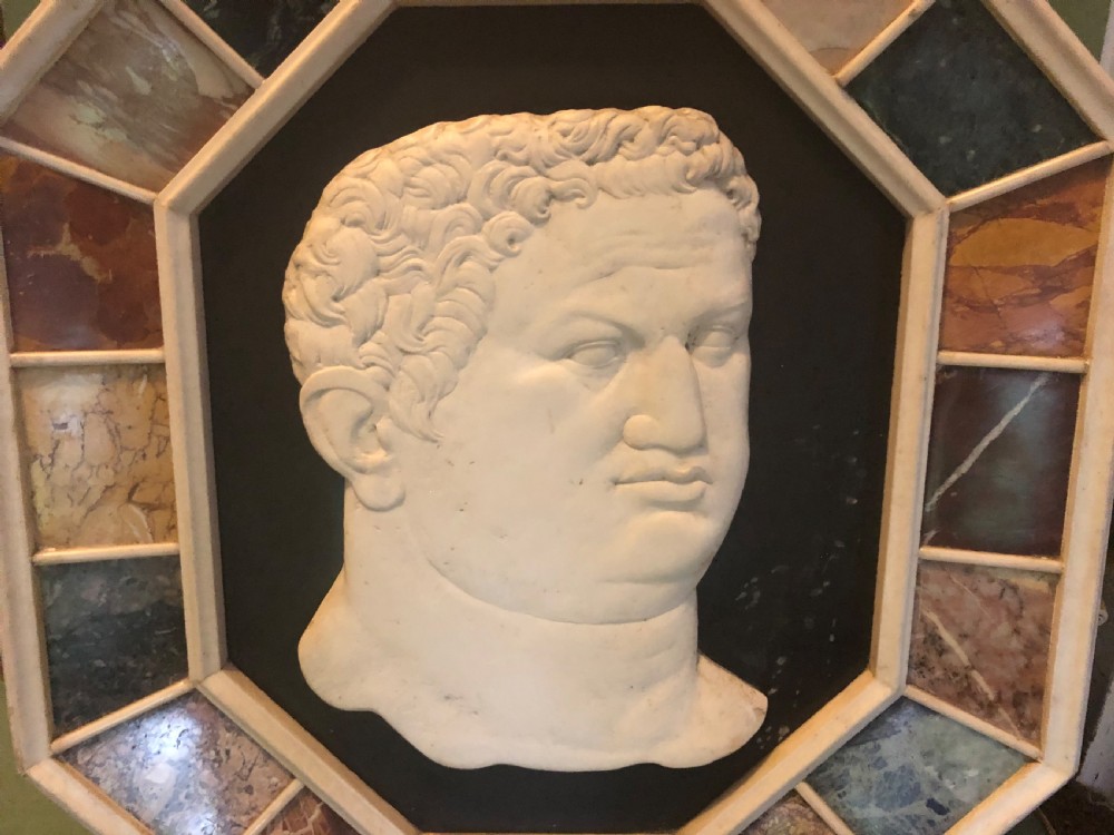 Large early C20th Italian ‘Grand Tour’ style carved marble profile in octagonal specimen marble surround frame . View VI