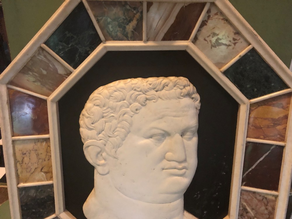 Large early C20th Italian ‘Grand Tour’ style carved marble profile in octagonal specimen marble surround frame . View VII