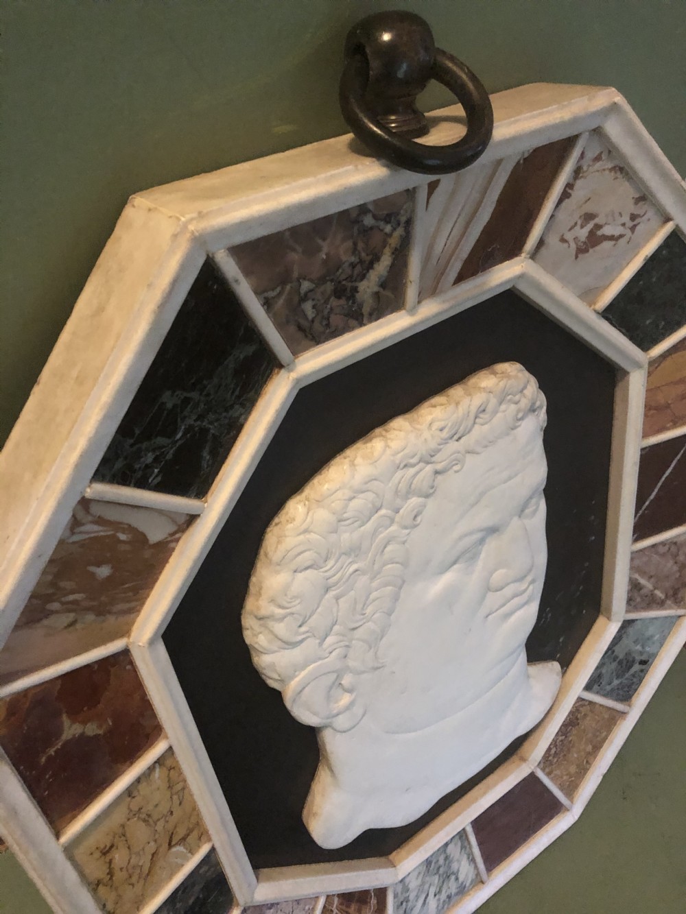 Large early C20th Italian ‘Grand Tour’ style carved marble profile in octagonal specimen marble surround frame . View XIII
