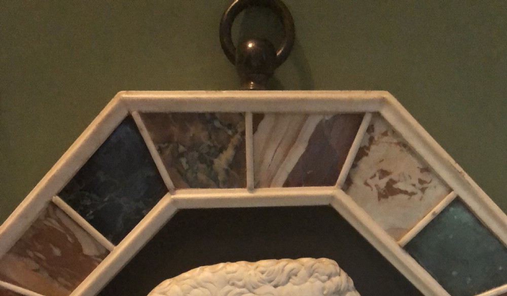 Large early C20th Italian ‘Grand Tour’ style carved marble profile in octagonal specimen marble surround frame . View XVIII