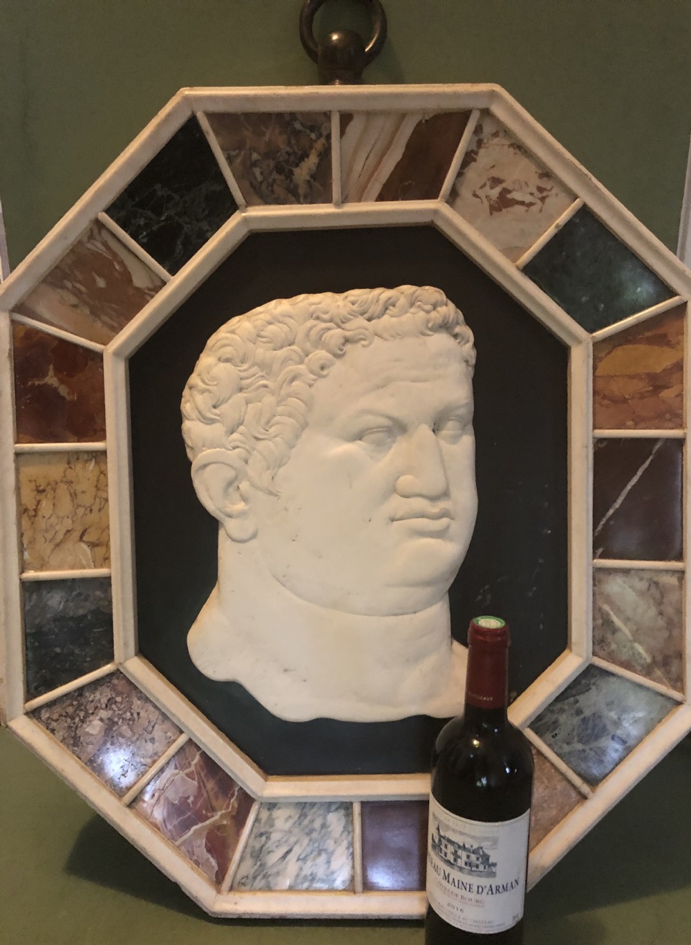 Large early C20th Italian ‘Grand Tour’ style carved marble profile in octagonal specimen marble surround frame . View XIX