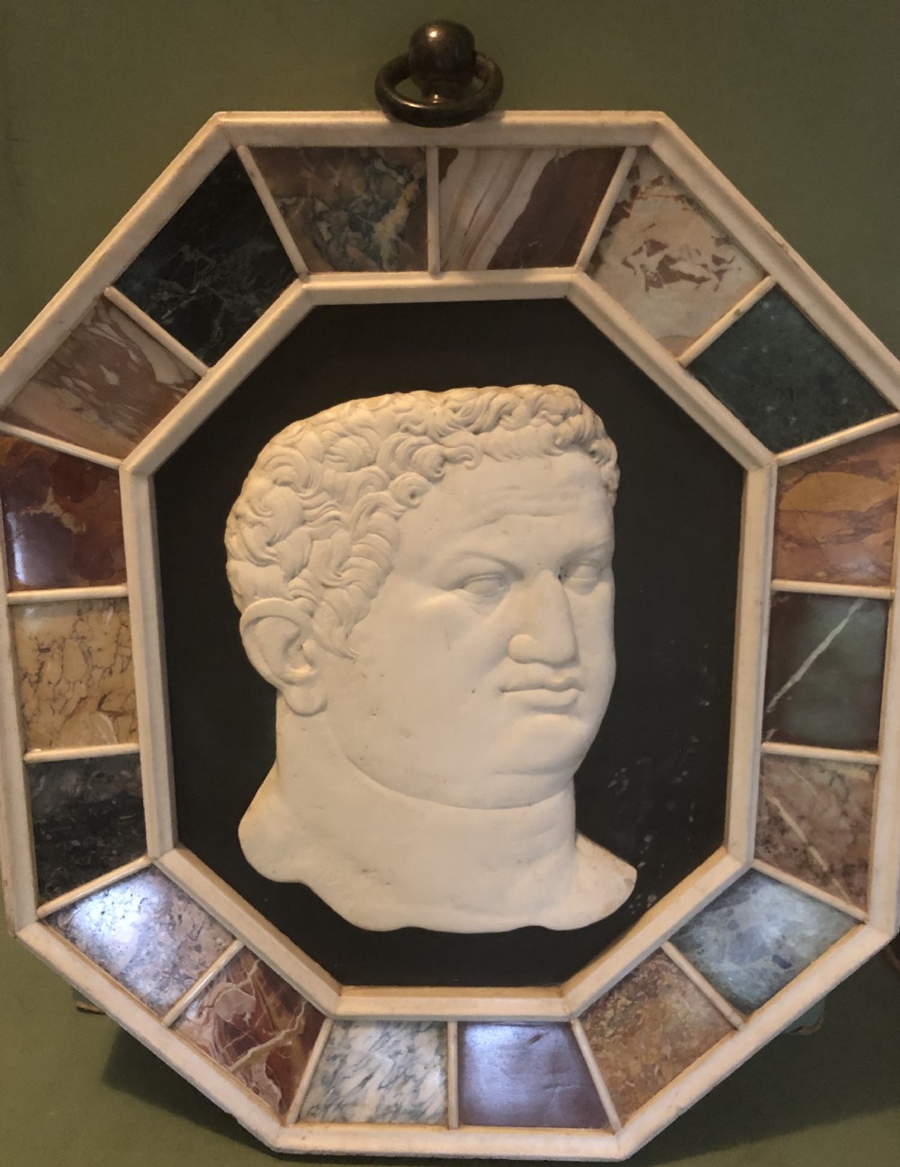 Large early C20th Italian ‘Grand Tour’ style carved marble profile in octagonal specimen marble surround frame . View XX