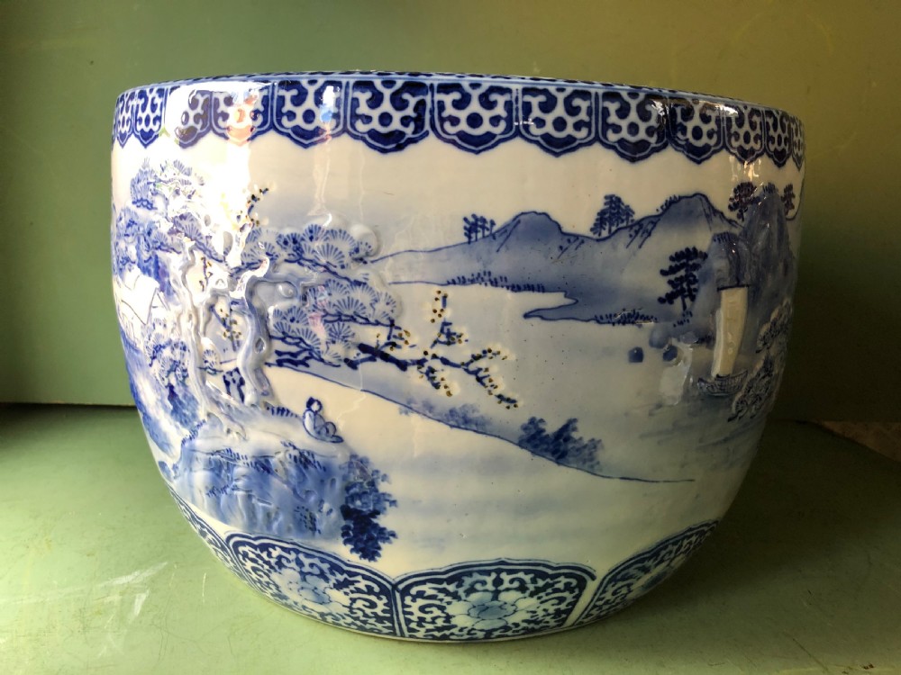 Large late C19th Japanese Meiji period porcelain jardiniere or fish-bowl . View II
