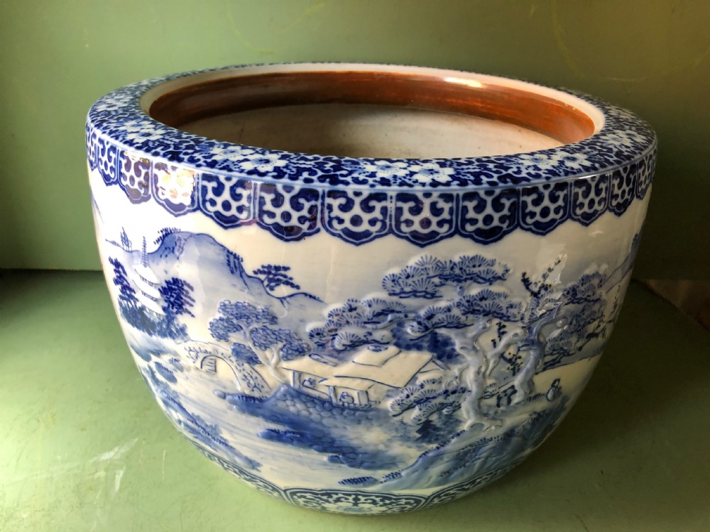 Large late C19th Japanese Meiji period porcelain jardiniere or fish-bowl . View V