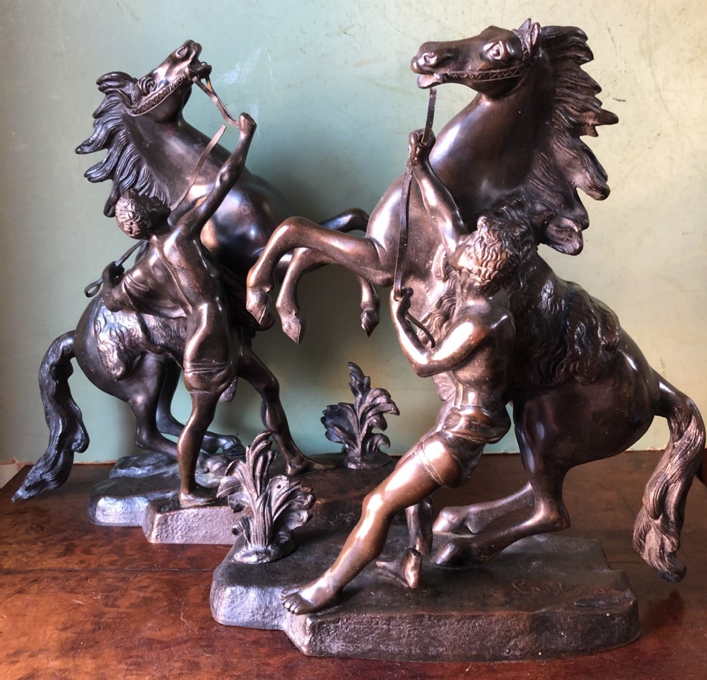 Pair of mid C19th French bronze reduction sculptures of  ‘The Marly Horses’ 