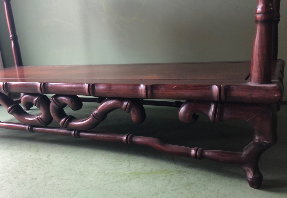 Set of early C20th Chinese hardwood table-top carved hardwood display shelves. View IV