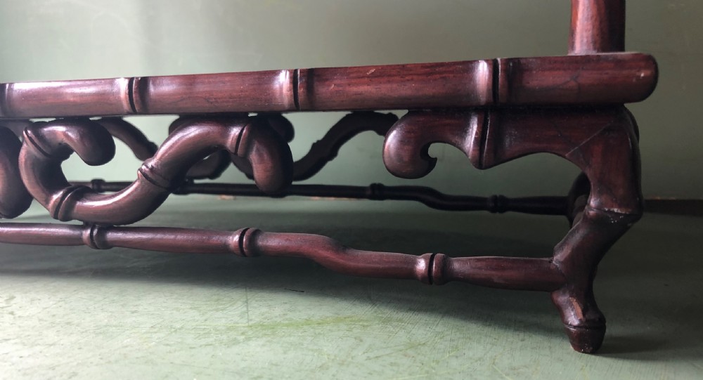 Set of early C20th Chinese hardwood table-top carved hardwood display shelves. View V