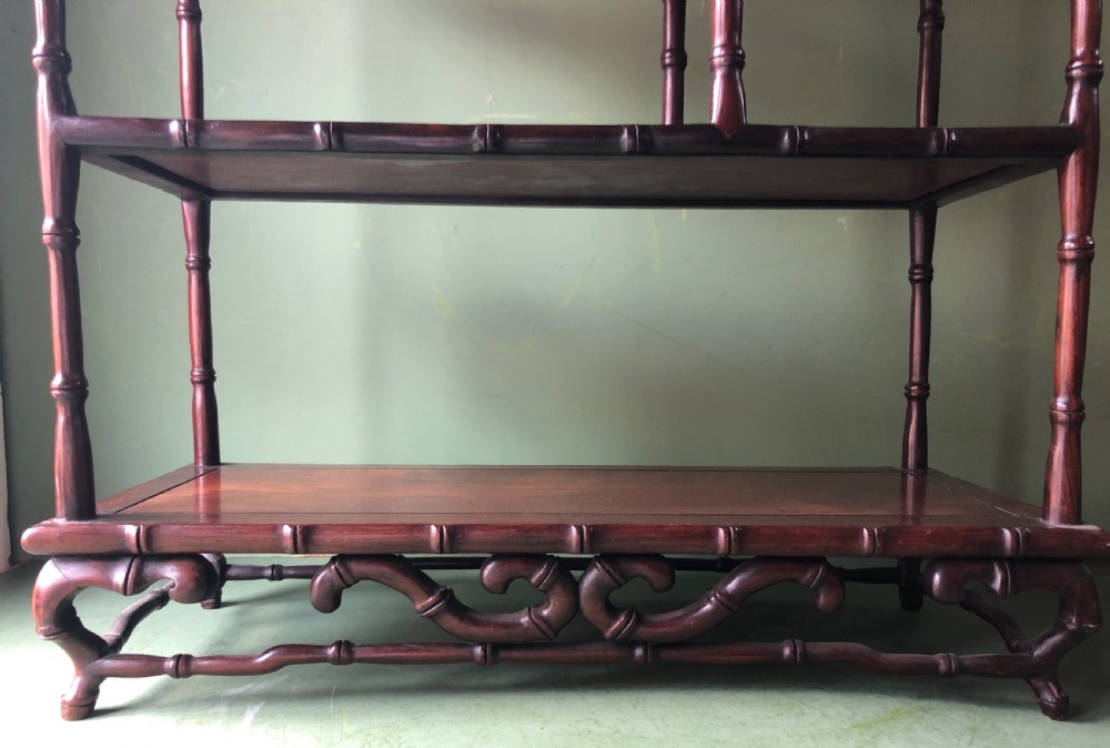 Set of early C20th Chinese hardwood table-top carved hardwood display shelves. View VI