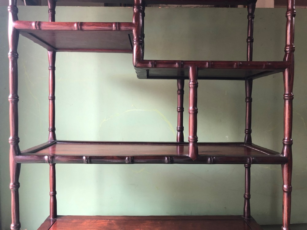 Set of early C20th Chinese hardwood table-top carved hardwood display shelves. View VII