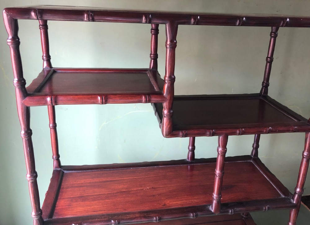 Set of early C20th Chinese hardwood table-top carved hardwood display shelves. View VIII