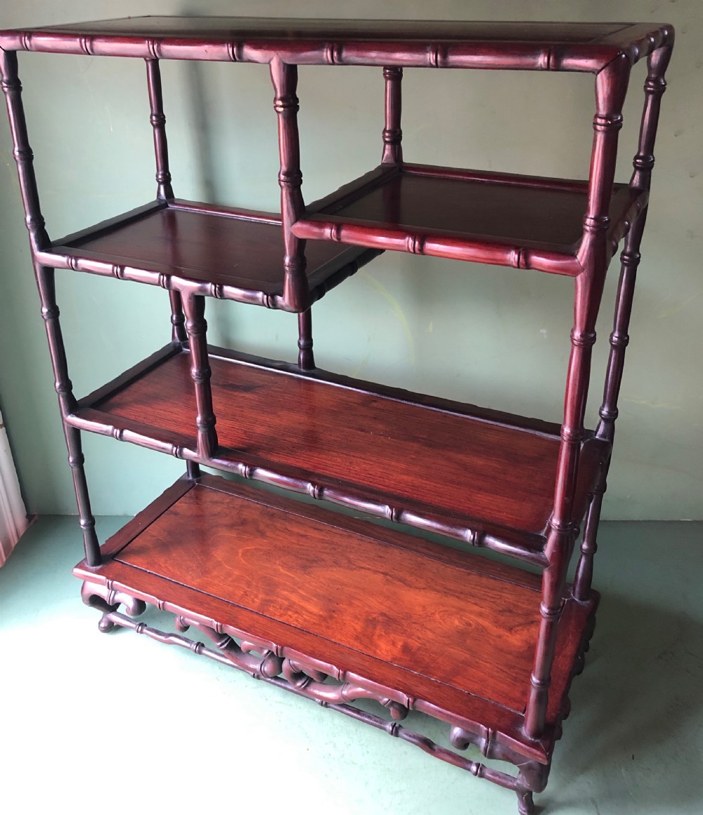 Set of early C20th Chinese hardwood table-top carved hardwood display shelves. View IX