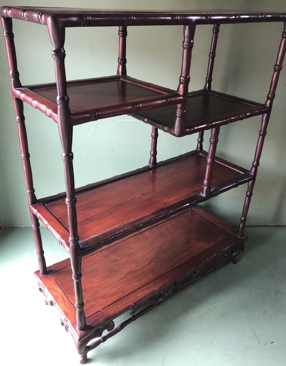 Set of early C20th Chinese hardwood table-top carved hardwood display shelves. View XI