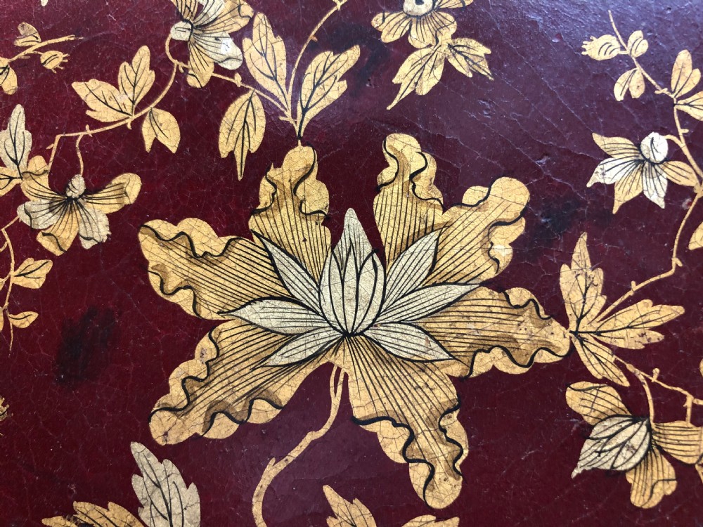 Early C19th Regency period maroon and gilt papier-mâché circular tray by Clay , London. View V