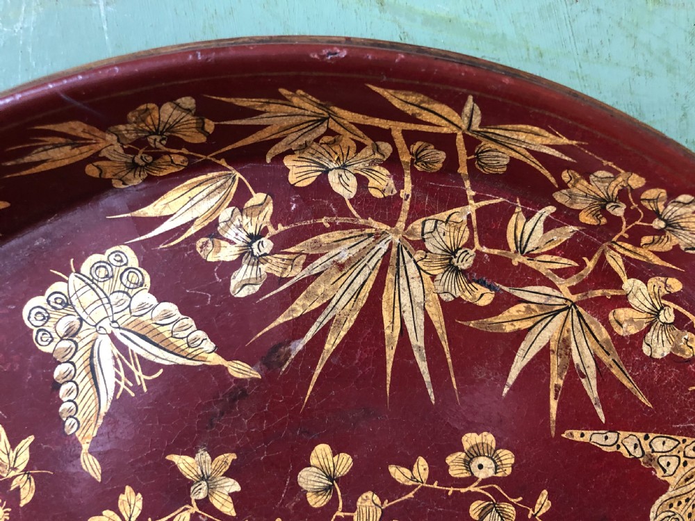Early C19th Regency period maroon and gilt papier-mâché circular tray by Clay , London. View VI