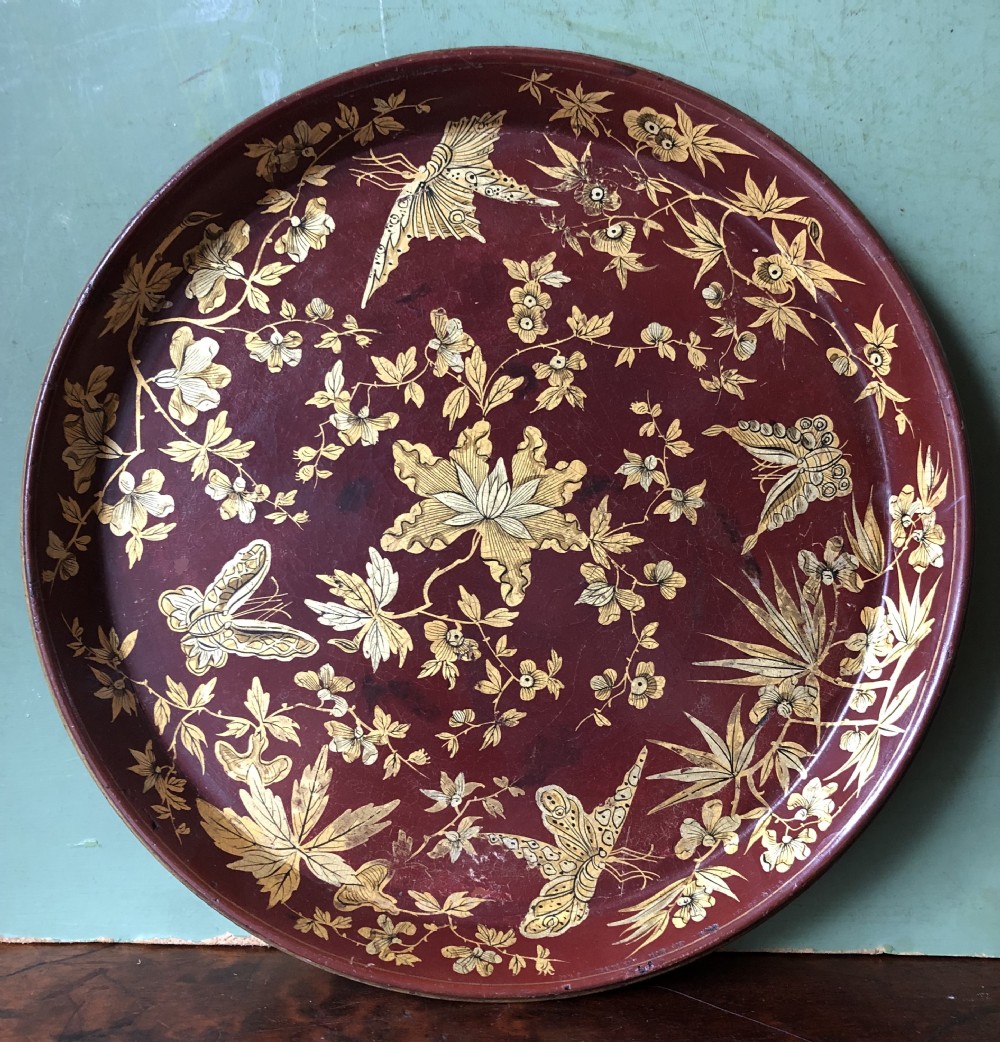 Early C19th Regency period maroon and gilt papier-mâché circular tray by Clay , London. View XII