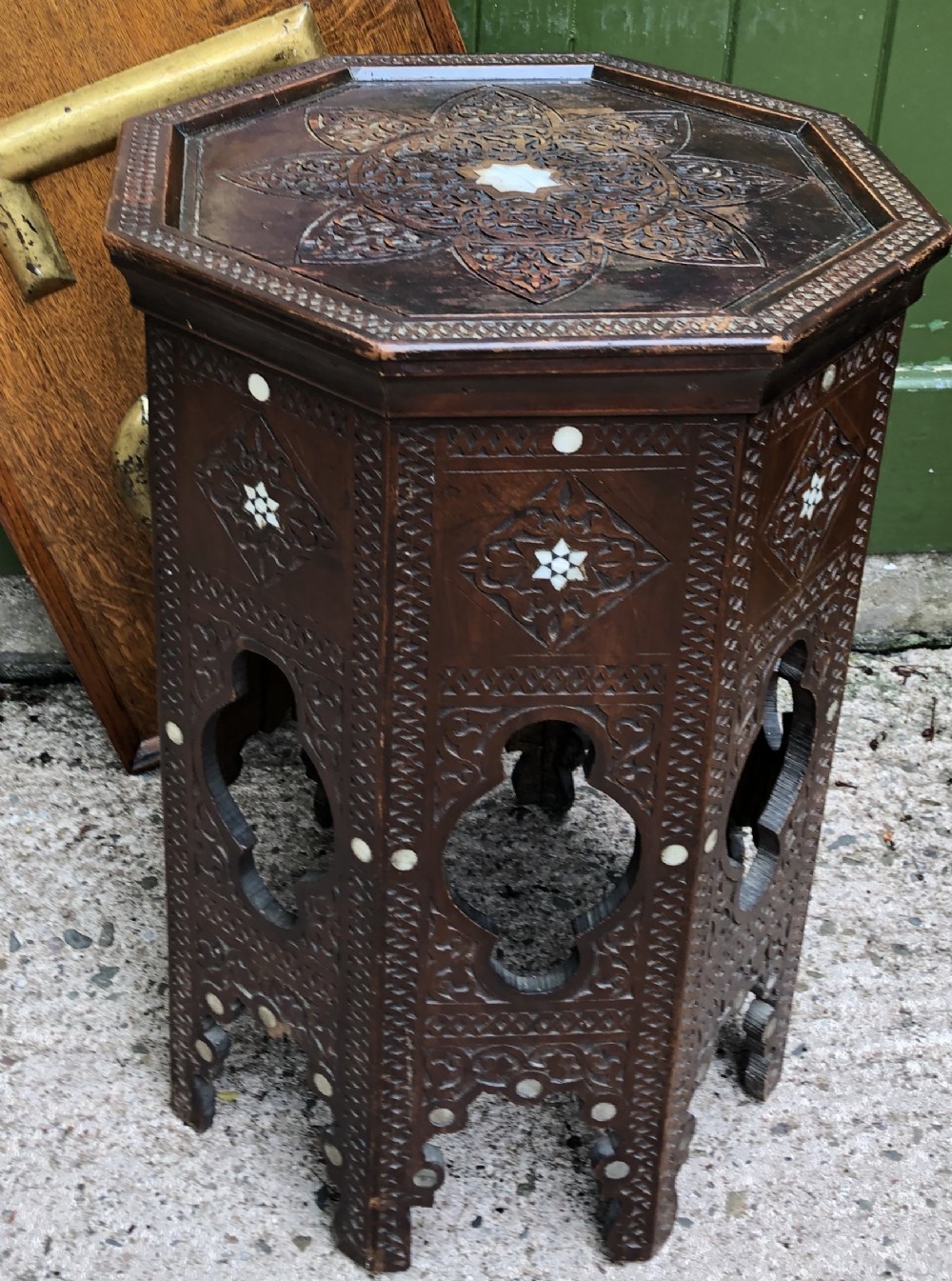 Late C19th Syrian carved hardwood octagonal table with nacre-shell inlay .