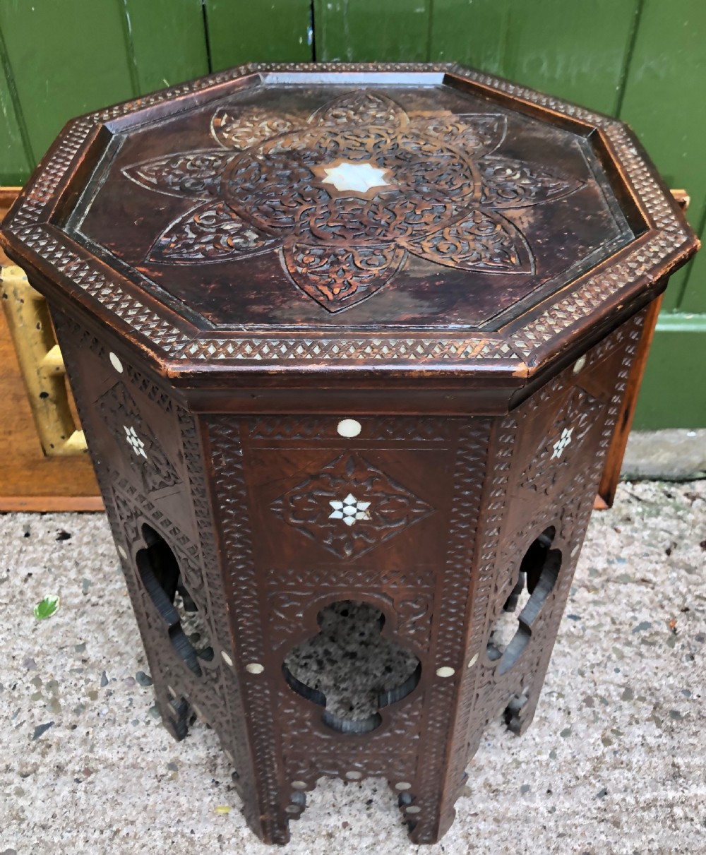 Late C19th Syrian carved hardwood octagonal table with nacre-shell inlay . View II