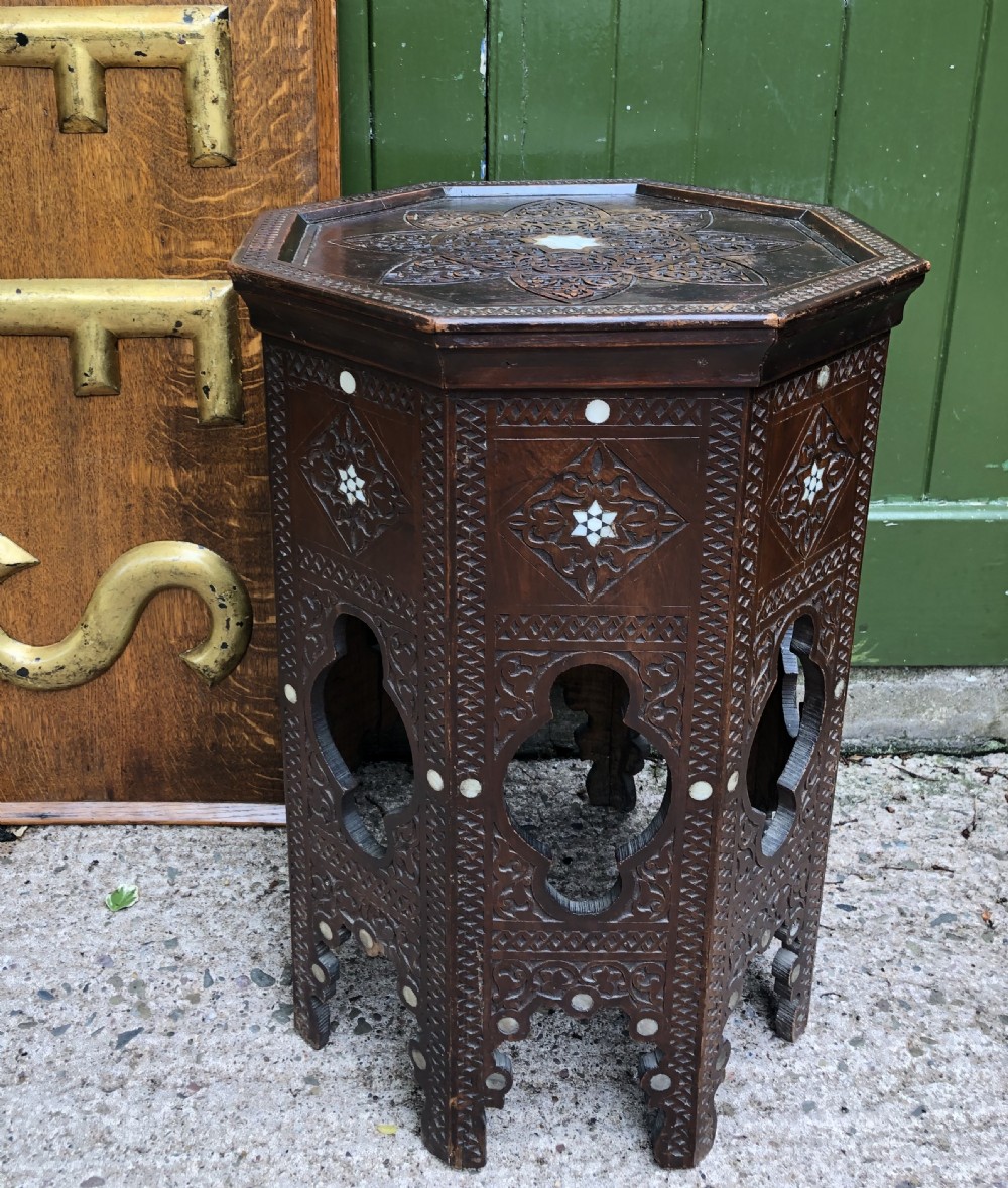Late C19th Syrian carved hardwood octagonal table with nacre-shell inlay . View III