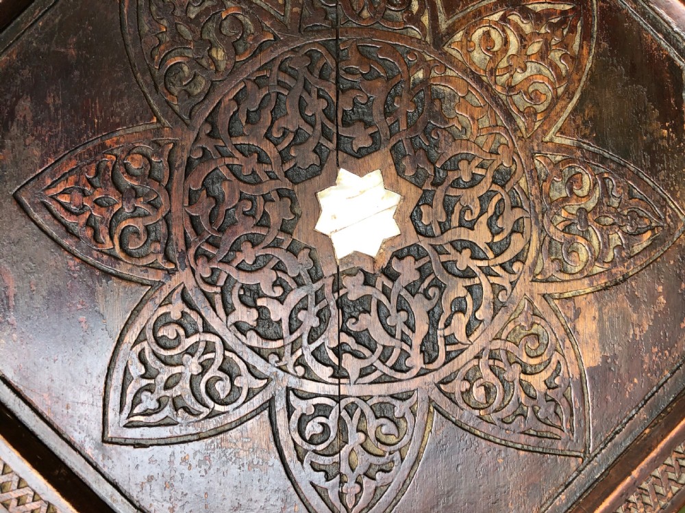 Late C19th Syrian carved hardwood octagonal table with nacre-shell inlay . View VI