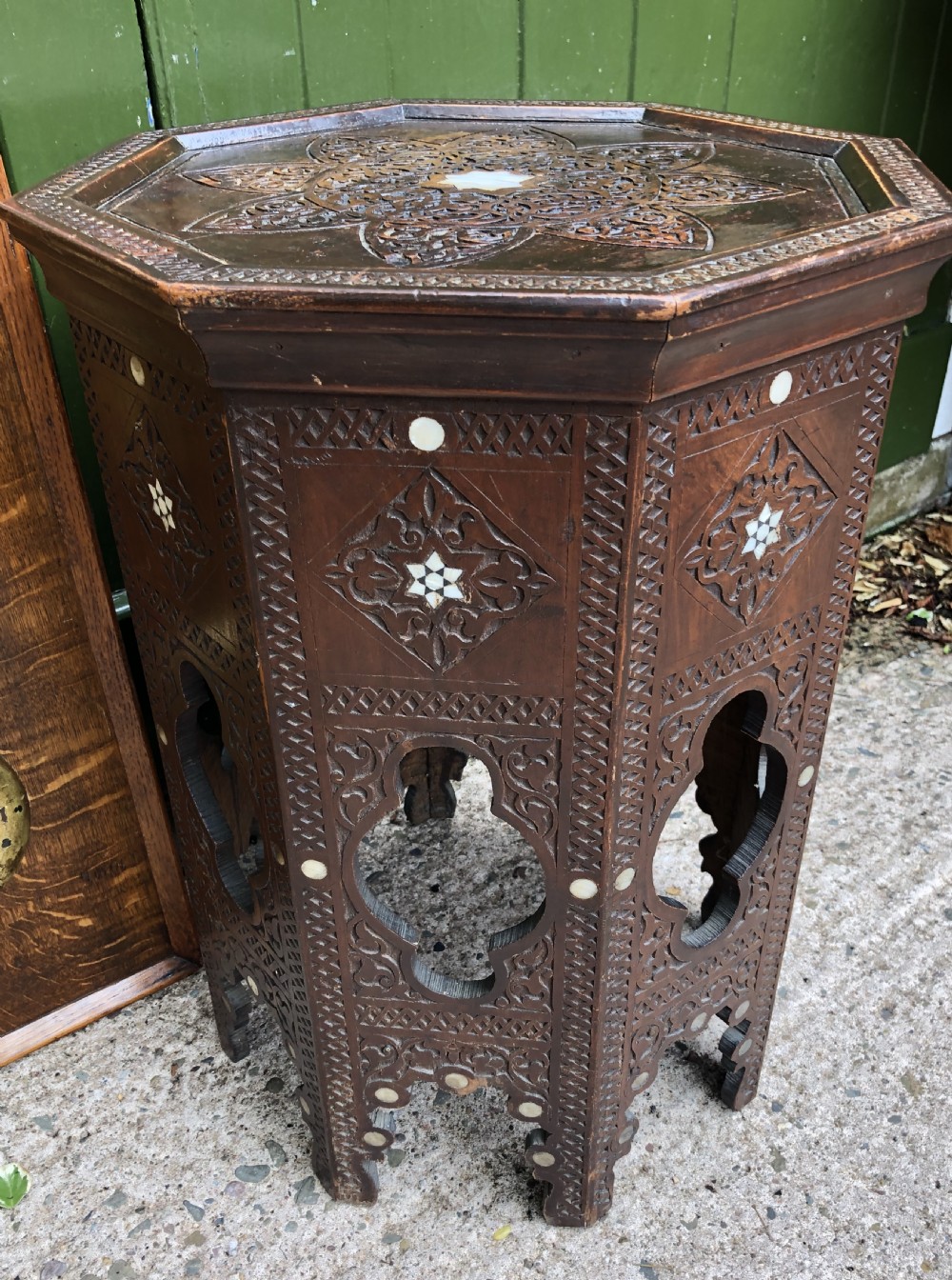 Late C19th Syrian carved hardwood octagonal table with nacre-shell inlay . View VII