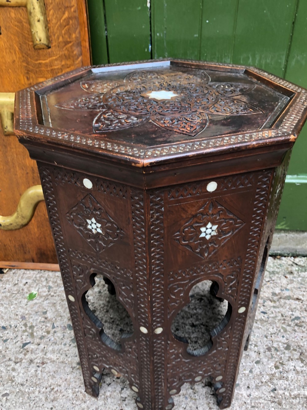 Late C19th Syrian carved hardwood octagonal table with nacre-shell inlay . View IX