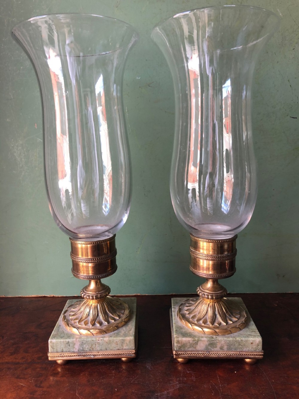 Pair of mid C19th French gilt-brass and marble based photophores glass candlelamps .