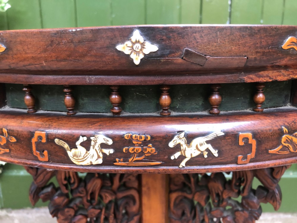 C19th Chinese hardwood circular occasional table with ivory and boxwood inlay. View V
