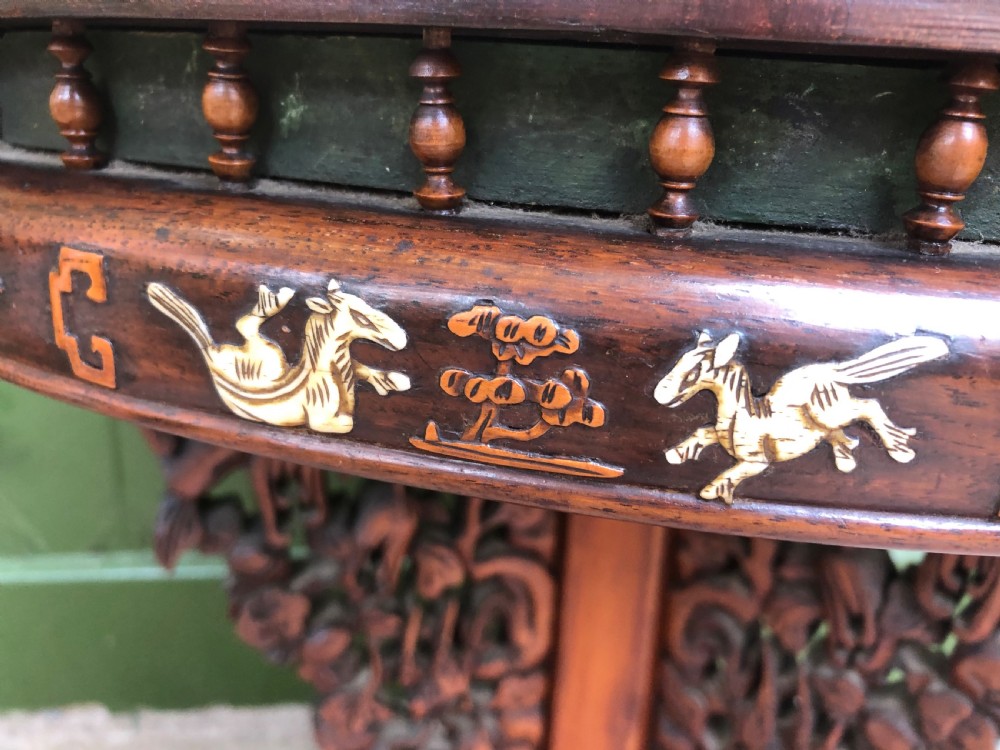 C19th Chinese hardwood circular occasional table with ivory and boxwood inlay. View IX