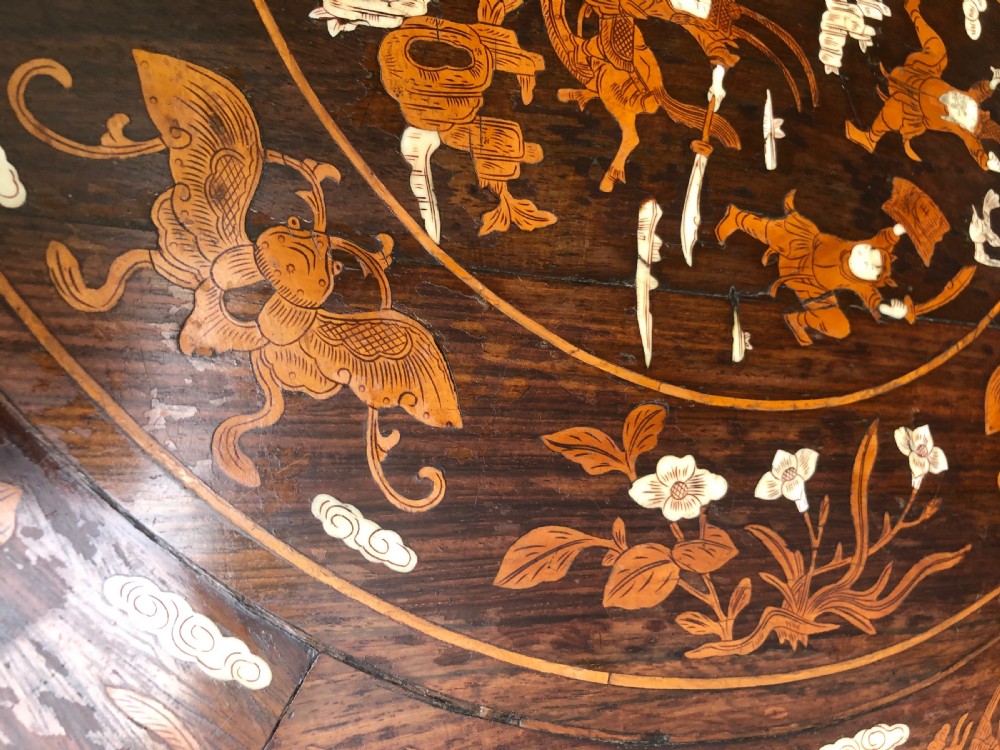 C19th Chinese hardwood circular occasional table with ivory and boxwood inlay. View XI